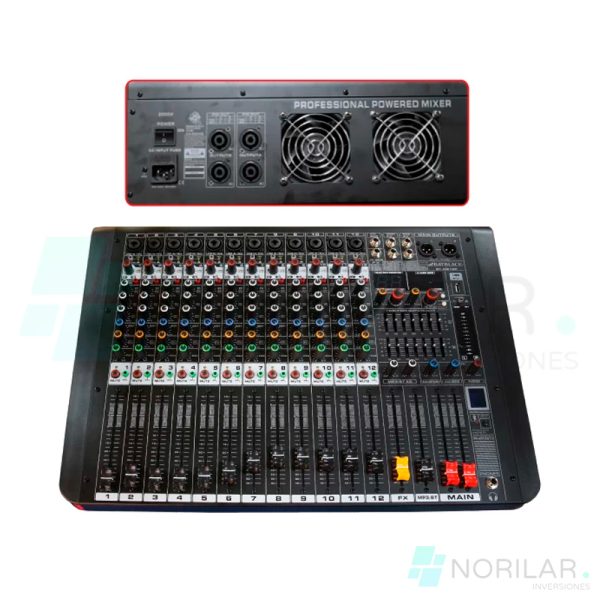 CONSOLA AMPLIFICADA 12 CANALES BATBLACK 1200W C USB MP3 BT BT MB12P