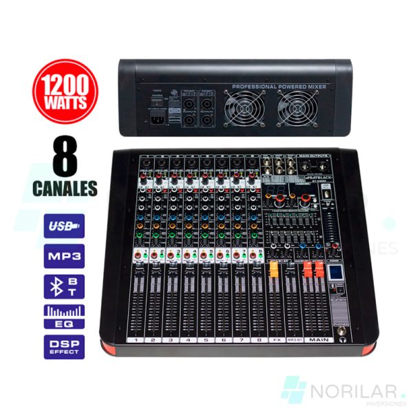 CONSOLA AMPLIFICADA 8 CANALES 1200W BATBLACK C USB MP3 BT MB8P